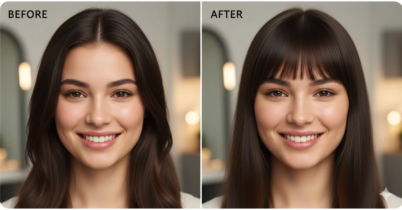 AI Bangs Filter adding straight bangs to a portrait