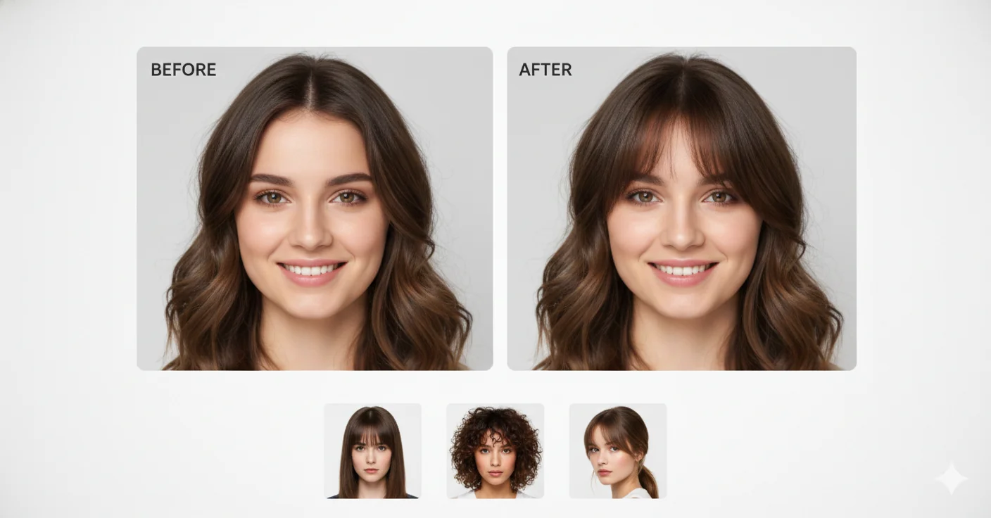 AI Bangs Filter adding side-swept bangs