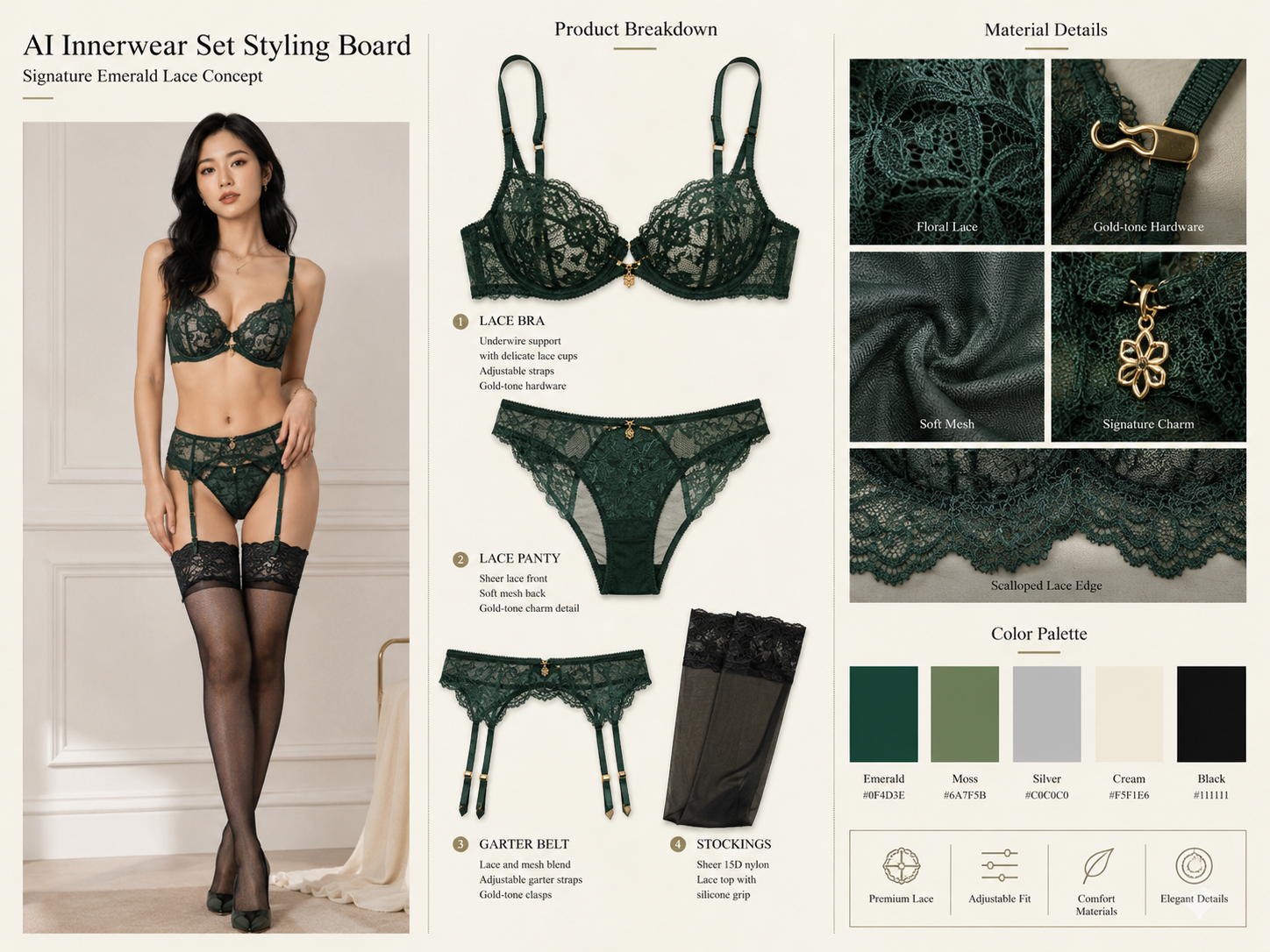 AI Generated Emerald Green Lace Lingerie Styling Board