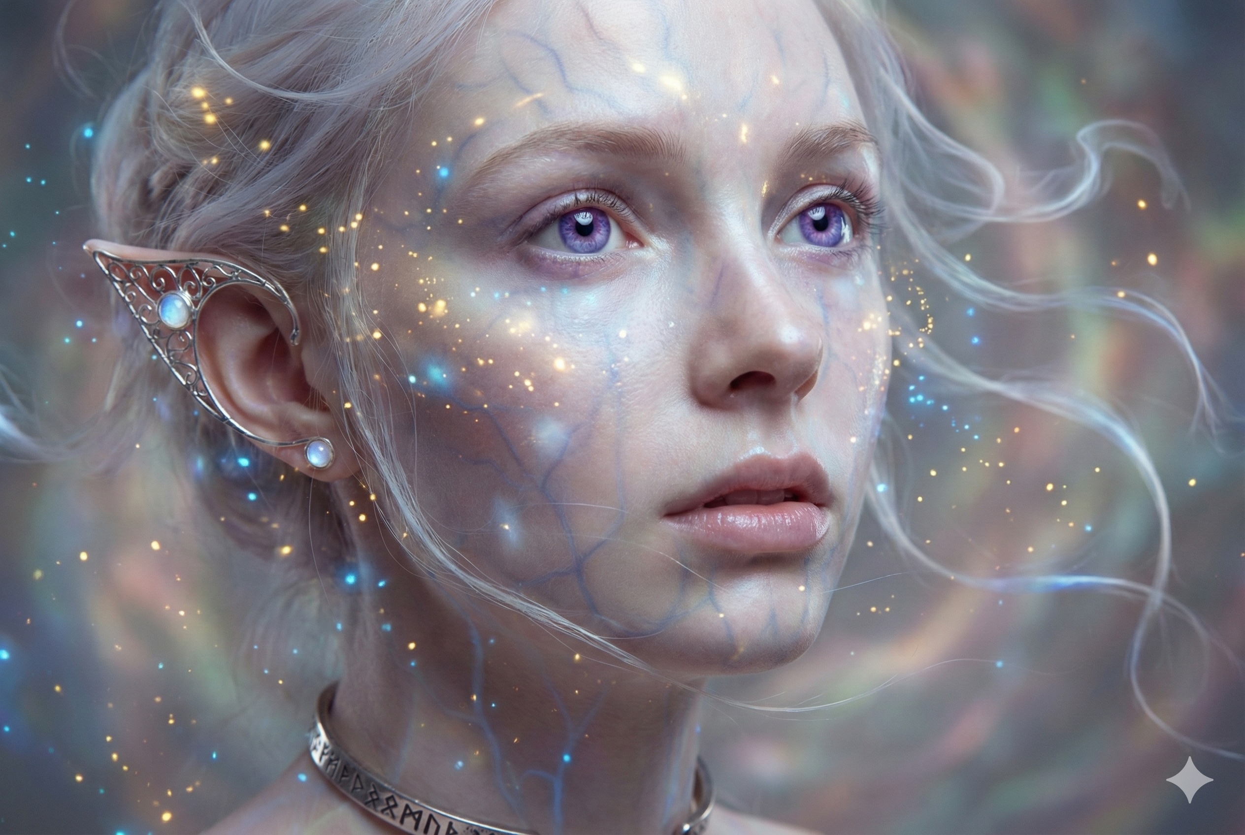 Static fantasy elf portrait with glowing particles for ai image animator