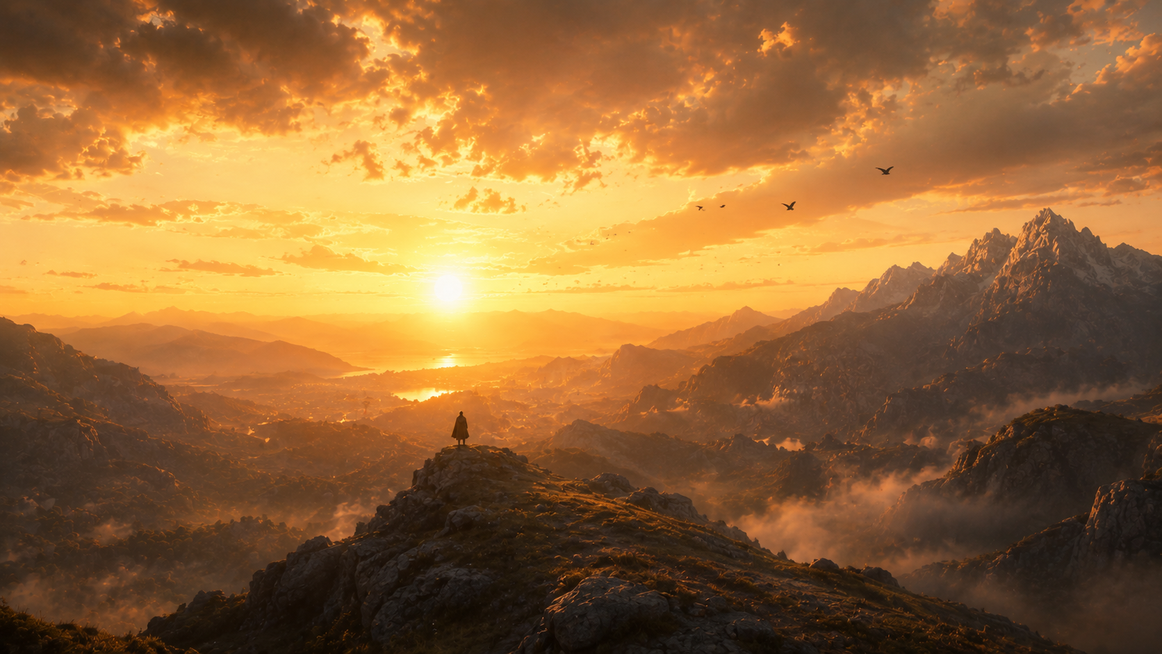 Serene mountain landscape at golden hour with lone figure, AI video still on Fanch AI