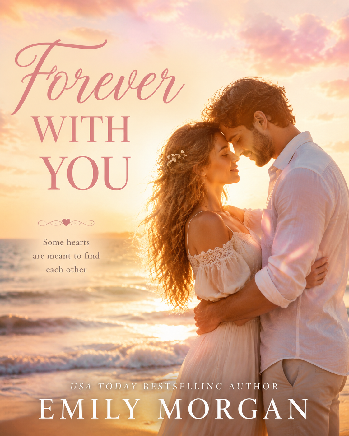 Warm romance novel cover with couple at golden hour beach, AI book cover on Fanch AI
