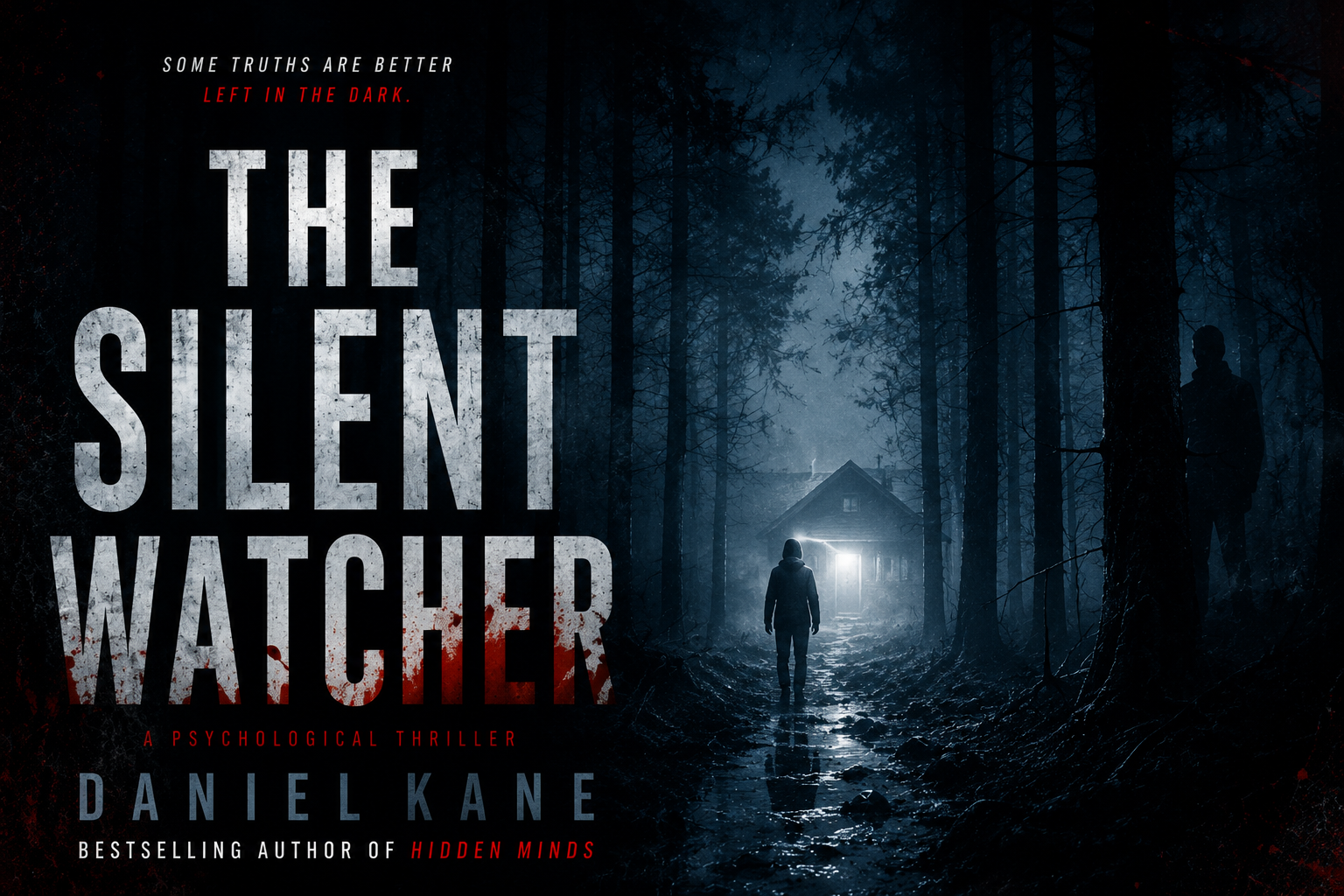 Dark thriller book cover with foggy forest and eerie glow, AI book cover on Fanch AI