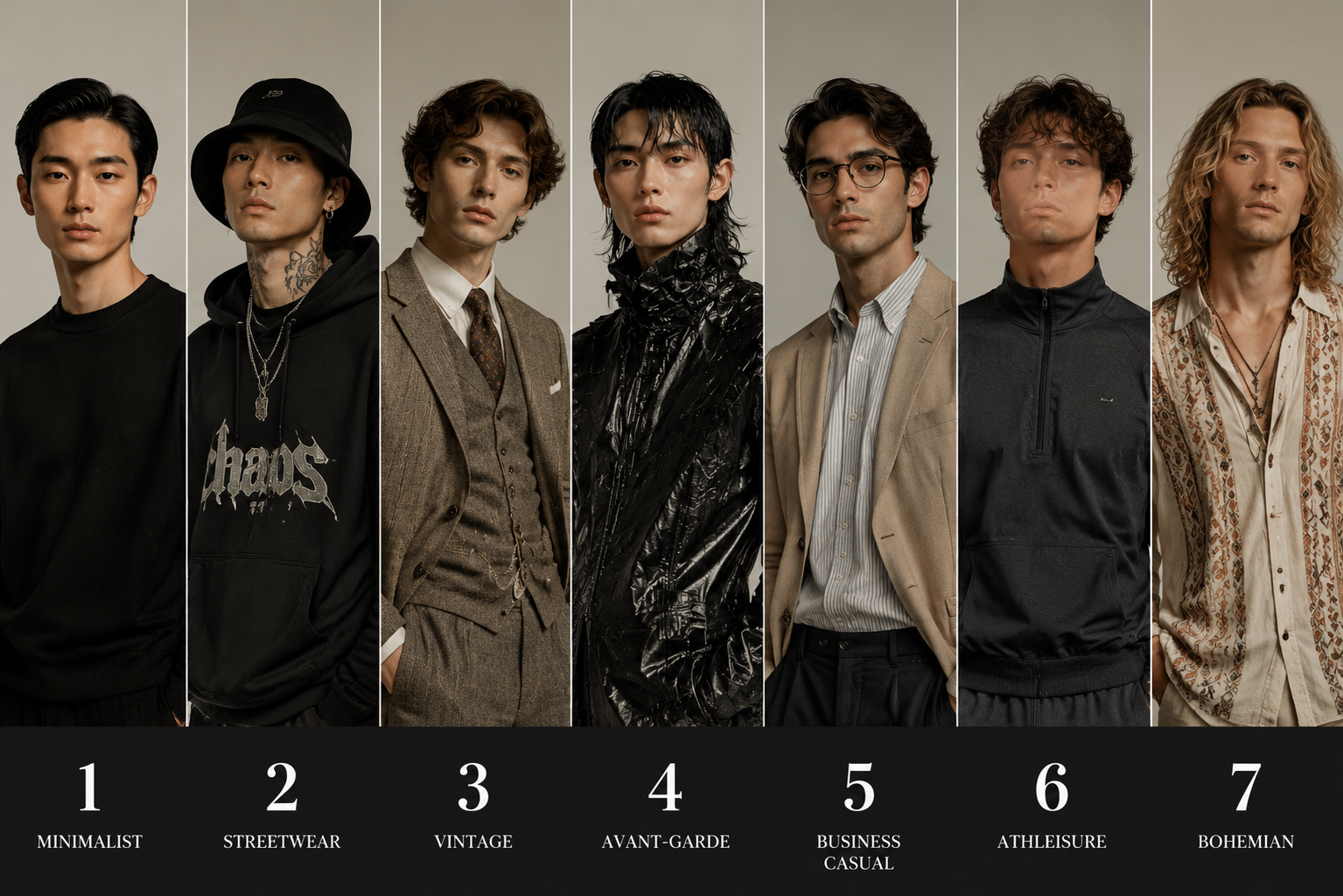 Fashion editorial grid of seven style icons, AI character portrait lineup on Fanch AI