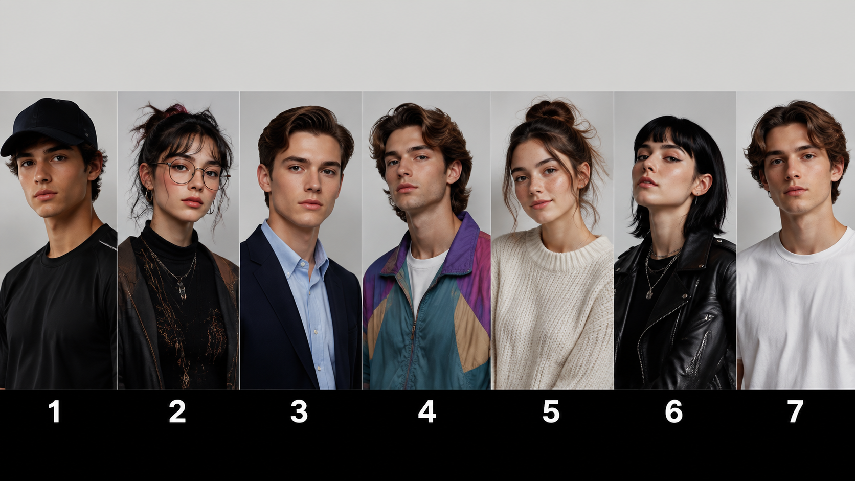 Numbered grid of seven distinct AI character portraits in different styles, inspired by the viral choose-your-type trend on Fanch AI