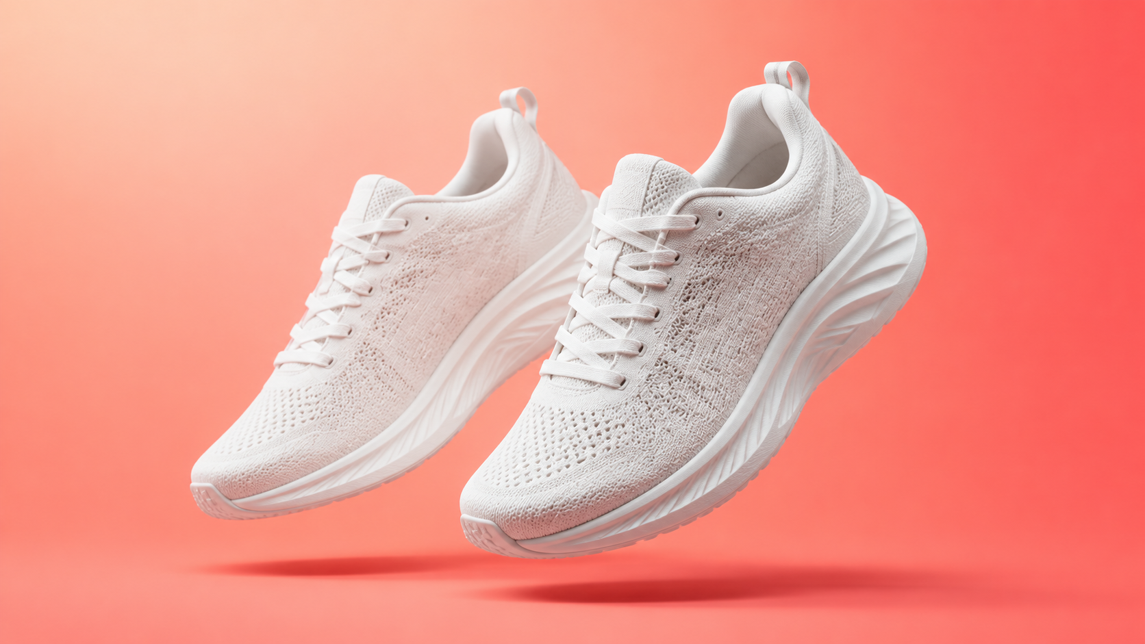 Un anuncio de producto limpio y vibrante generado por IA de zapatillas blancas sobre un fondo degradado, el tipo de imagen común en plataformas publicitarias.