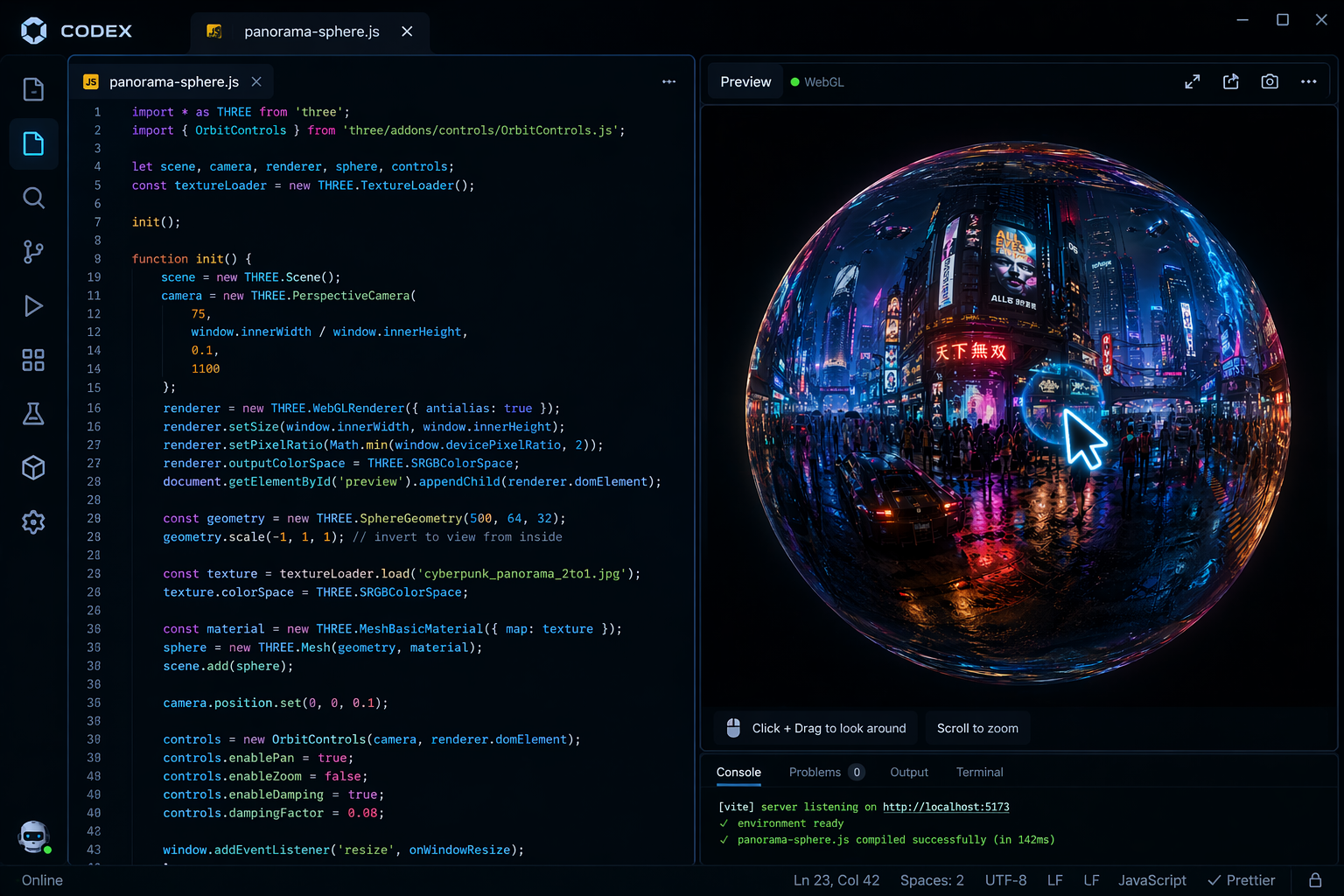 A dark-mode code editor interface displaying structured JavaScript code next to an interactive 3D preview of the panorama.