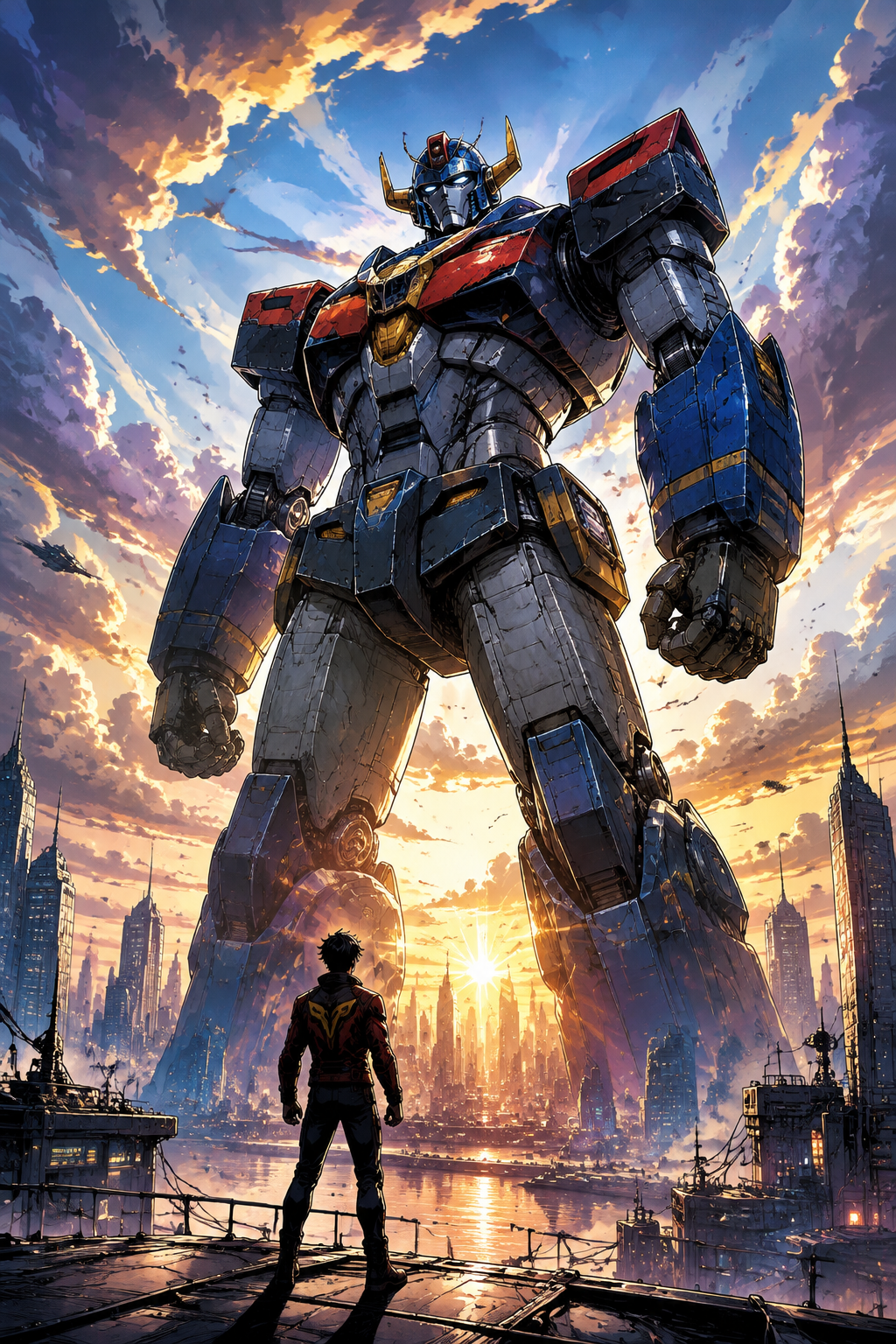 Superhero comic splash page with robot and hero at dawn, AI comic generator on Fanch AI