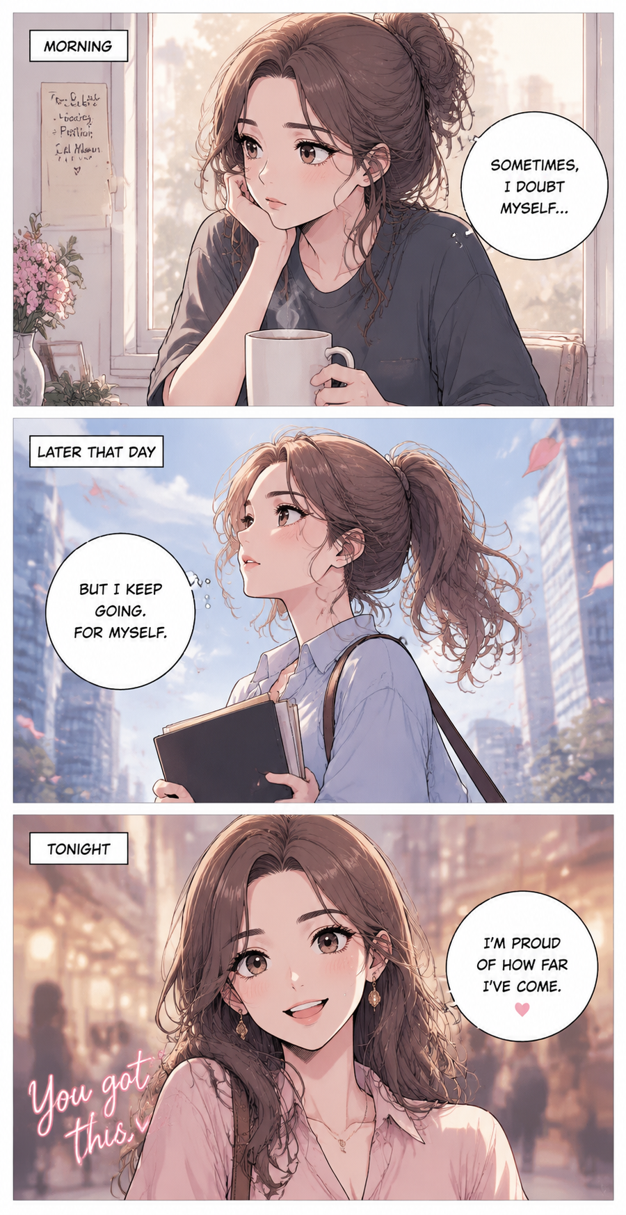 Vertical webtoon strip with three scenes showing a character's emotional journey, AI comic generator on Fanch AI