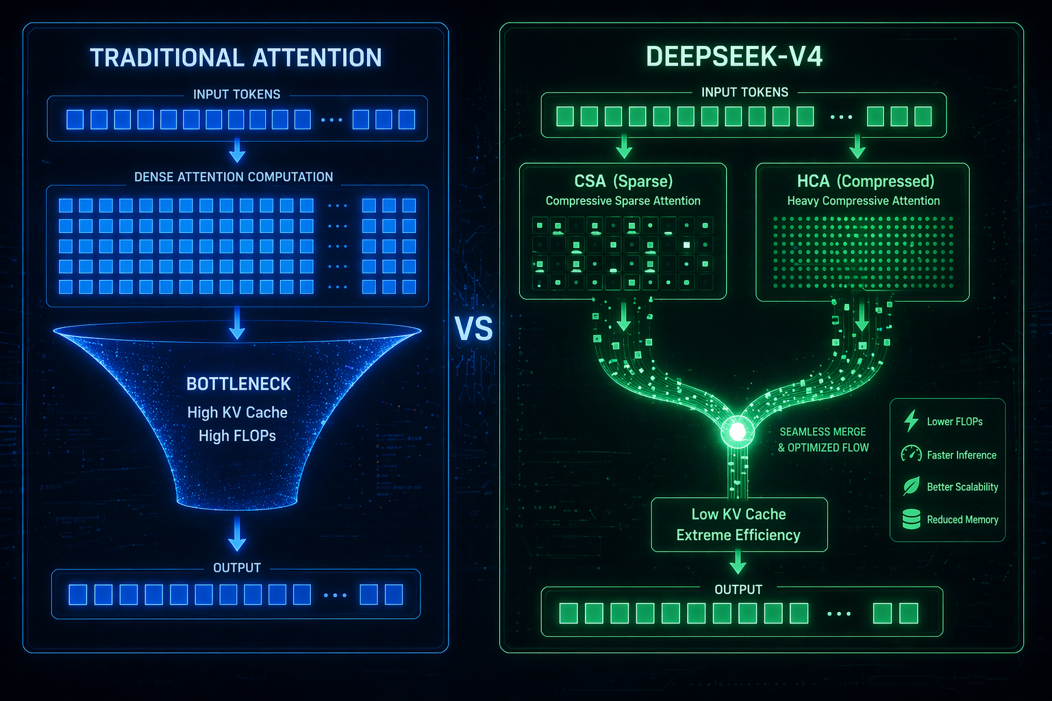 DeepSeek-V4 CSA and HCA efficiency comparison diagram against traditional architecture