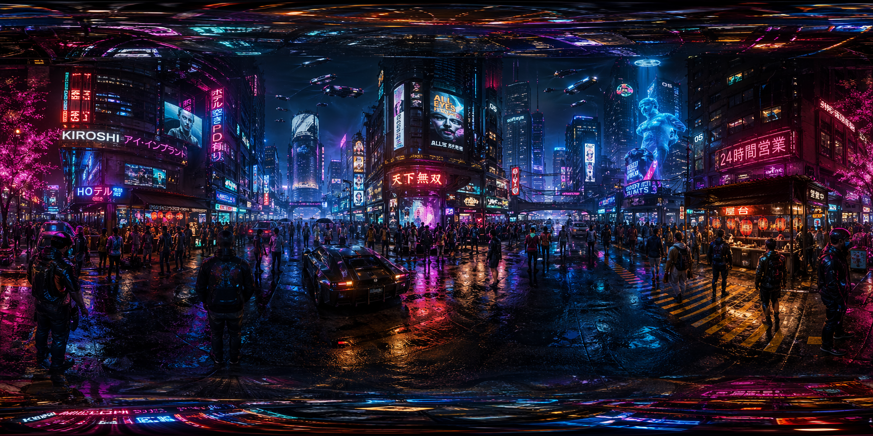 A flat, raw equirectangular panorama of a cyberpunk city generated by GPT Image 2, ready for 3D mapping.