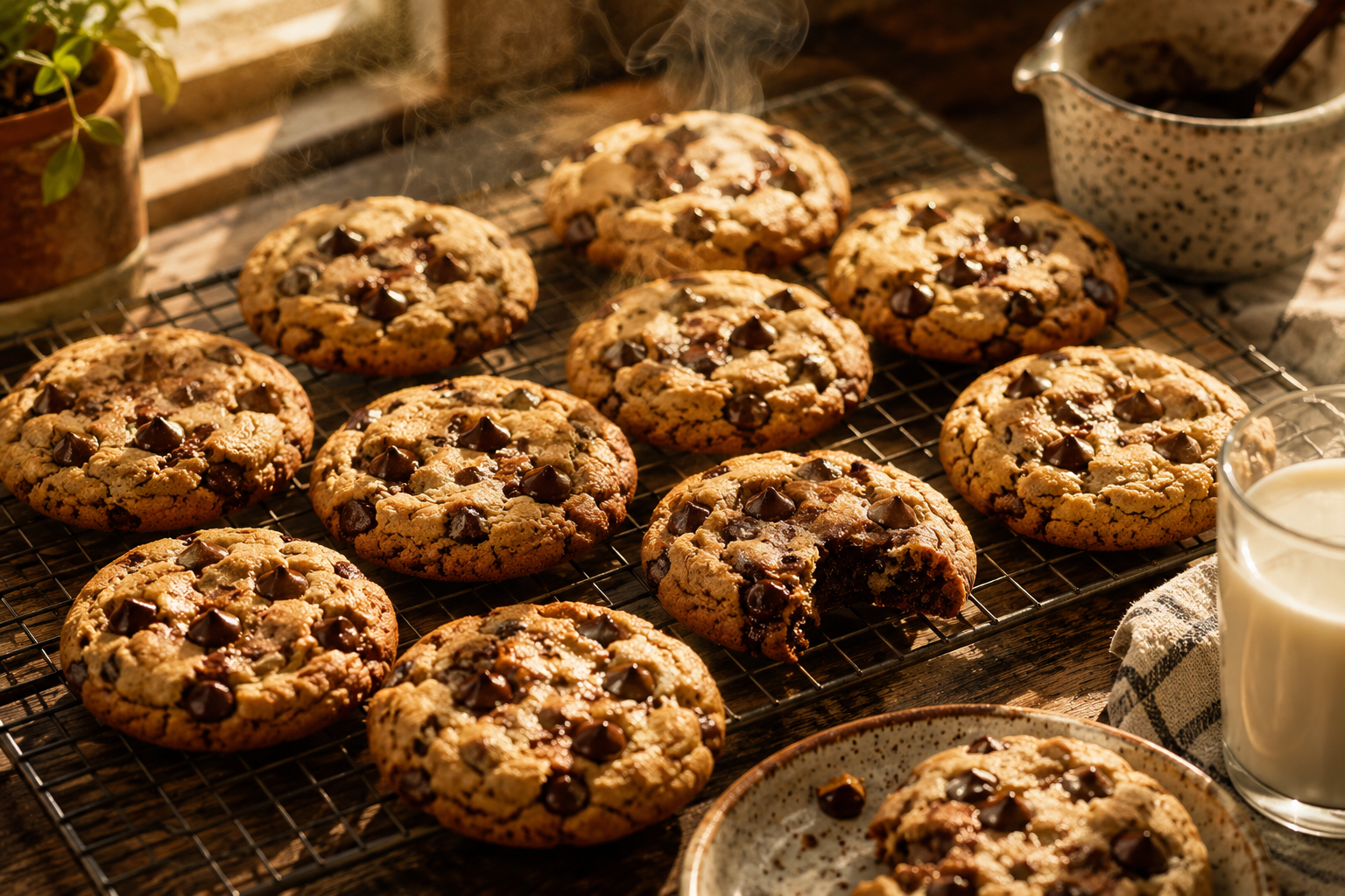 Warm chocolate chip cookies on a cooling rack, baking-style AI food photography on Fanch AI