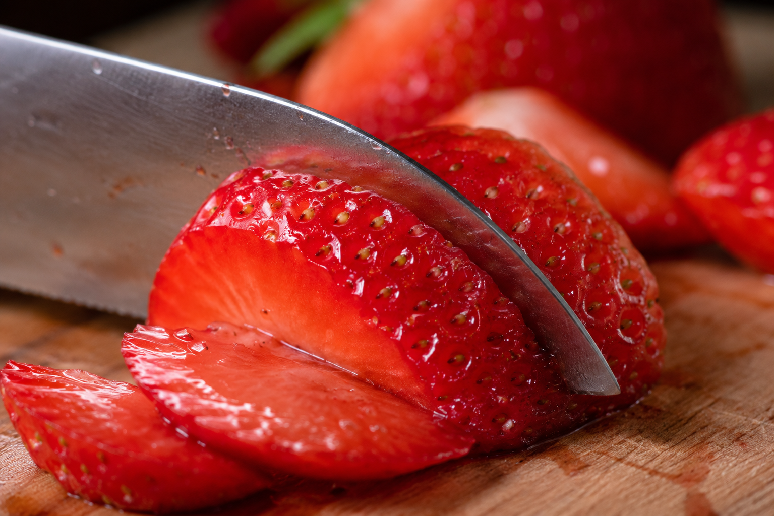 Macro close-up of fresh strawberries being sliced, detail-rich AI food photography on Fanch AI