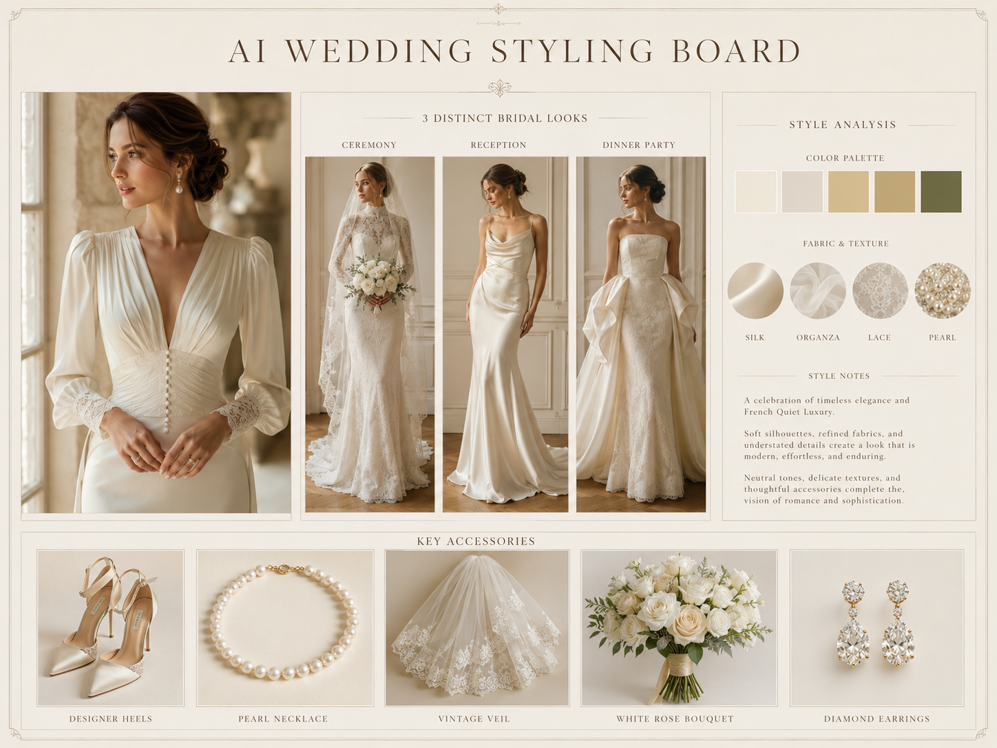 A complete AI-generated wedding styling proposal board for a bride featuring a French quiet luxury theme, including 3 outfit looks, color palettes, and material swatches.