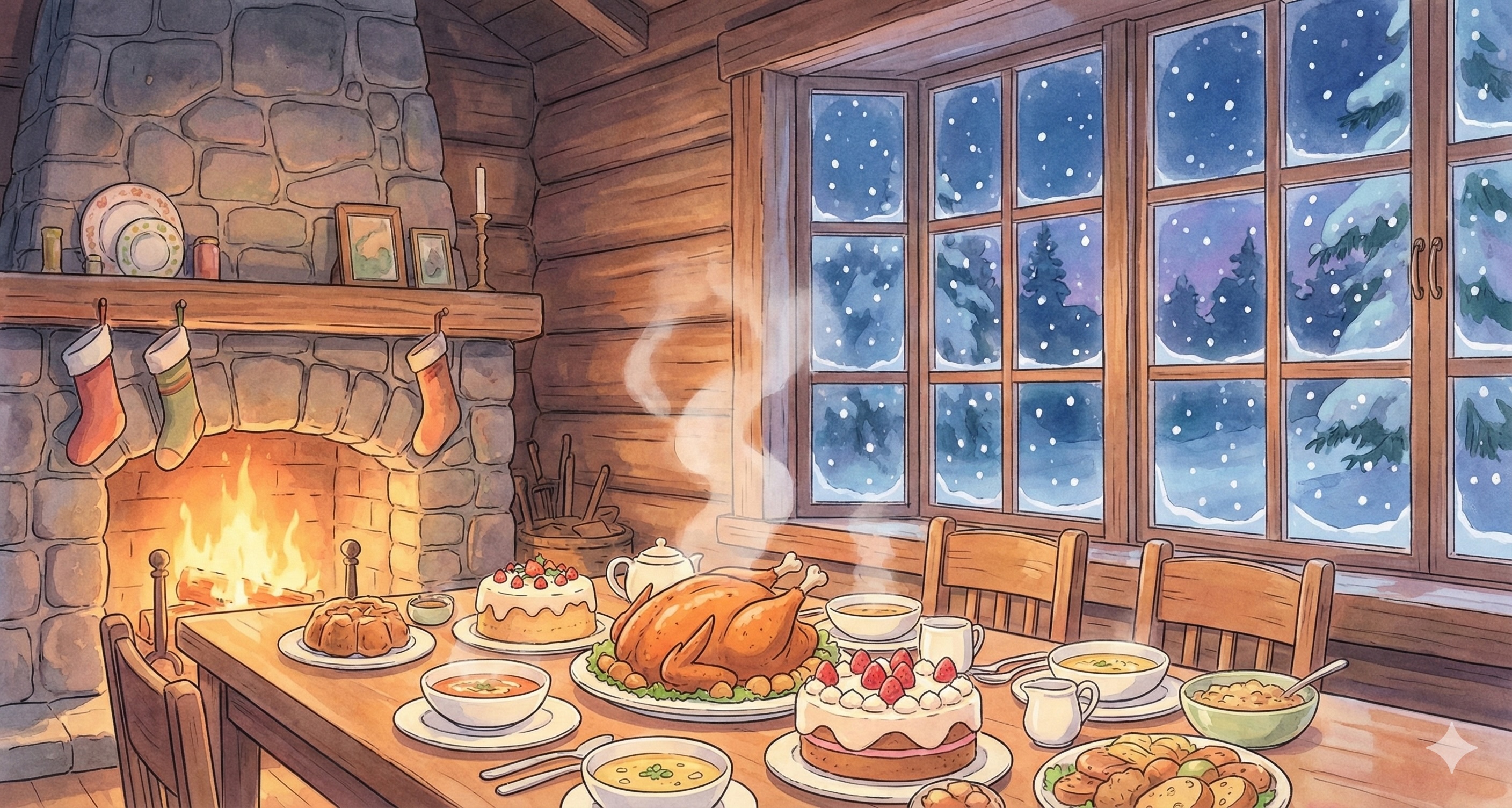 A cozy Ghibli Christmas interior feast
