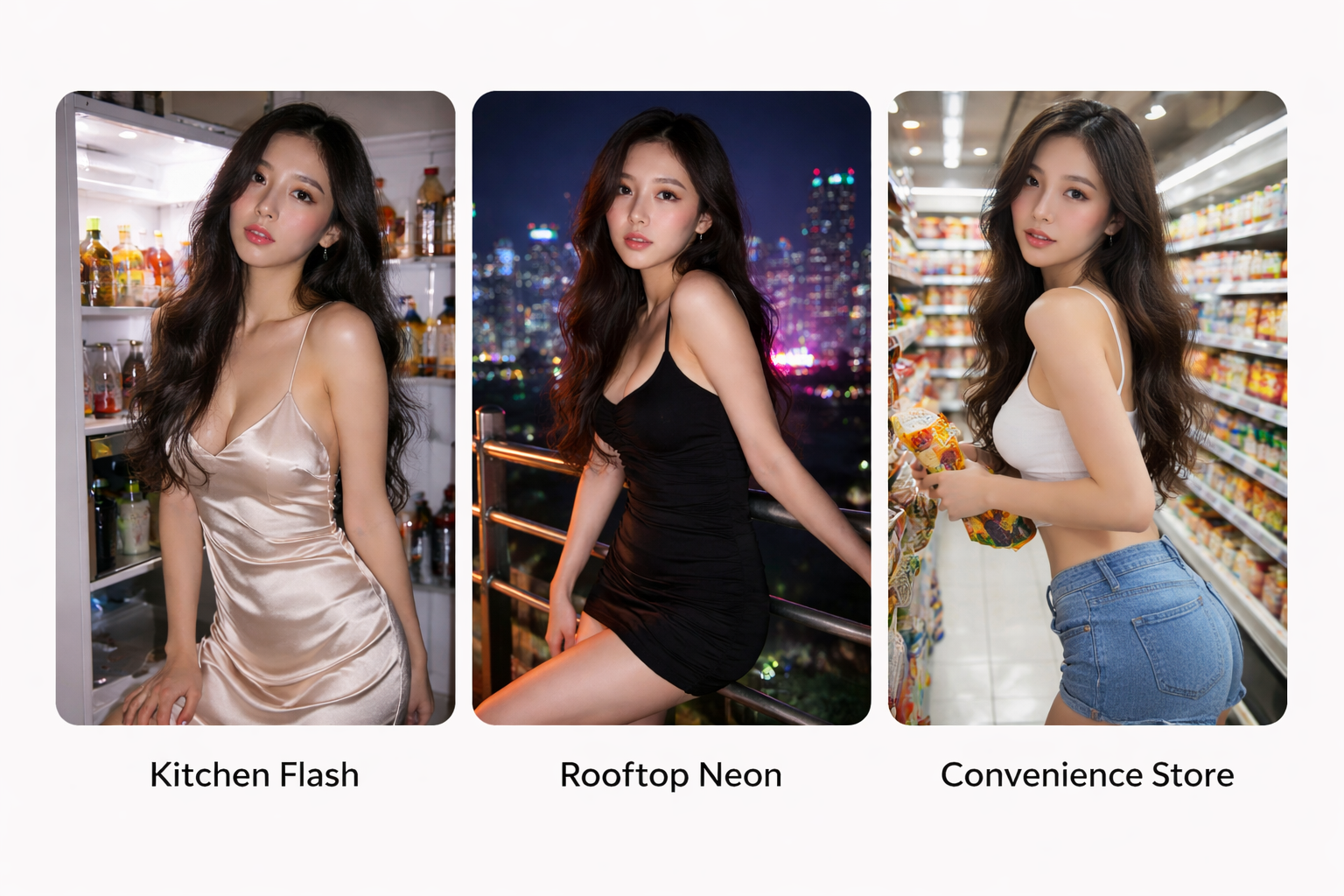 Side-by-side comparison of GPT Image 2 nightlife photo variations: kitchen flash portrait vs. rooftop neon glow vs. convenience store candid, demonstrating customization flexibility.