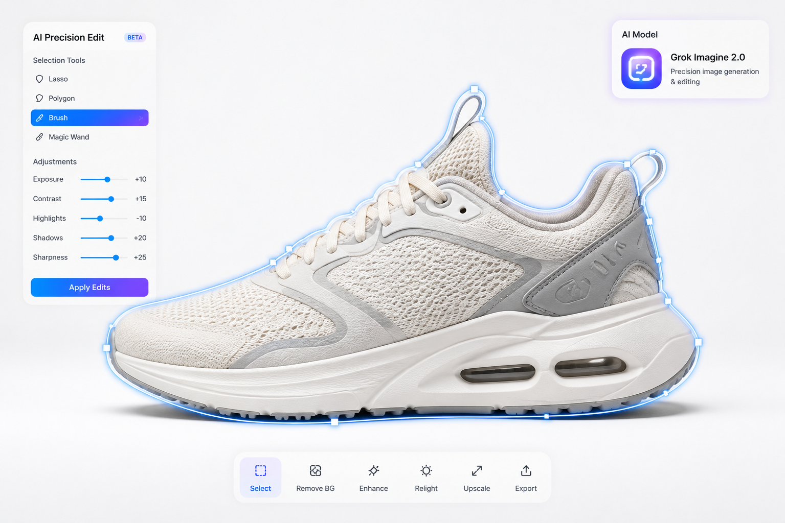 Grok Imagine 2.0 precision editing demo with product photo on clean background, generated on Fanch AI
