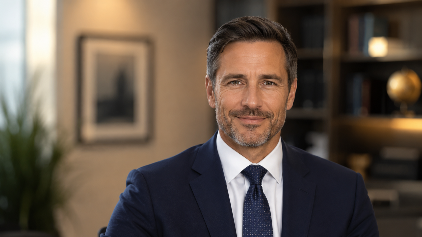 Corporate executive headshot of a man in a navy suit against a blurred office background, generated with GPT Image 2 on Fanch AI