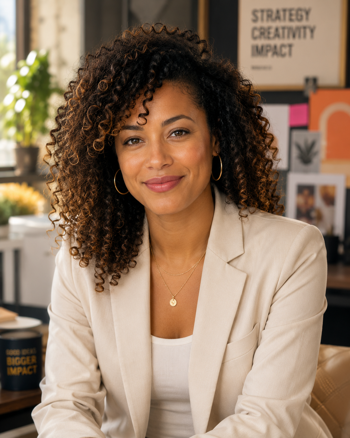 Creative professional headshot of a woman in a cream blazer against a blurred creative workspace background, generated on Fanch AI