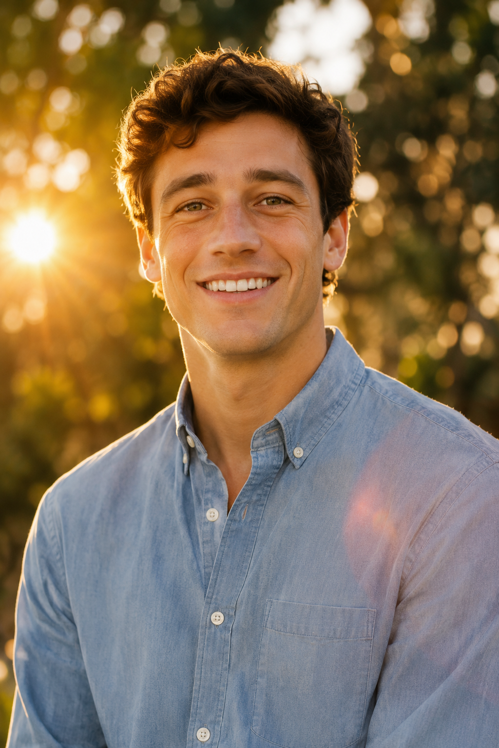 Natural light outdoor professional headshot of a young man in casual button-down, golden hour lighting, generated on Fanch AI