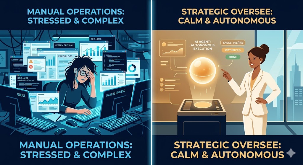 Left side showing a stressed human operator with complex software, right side showing a calm 'Super Individual' orchestrating a glowing AI orb.