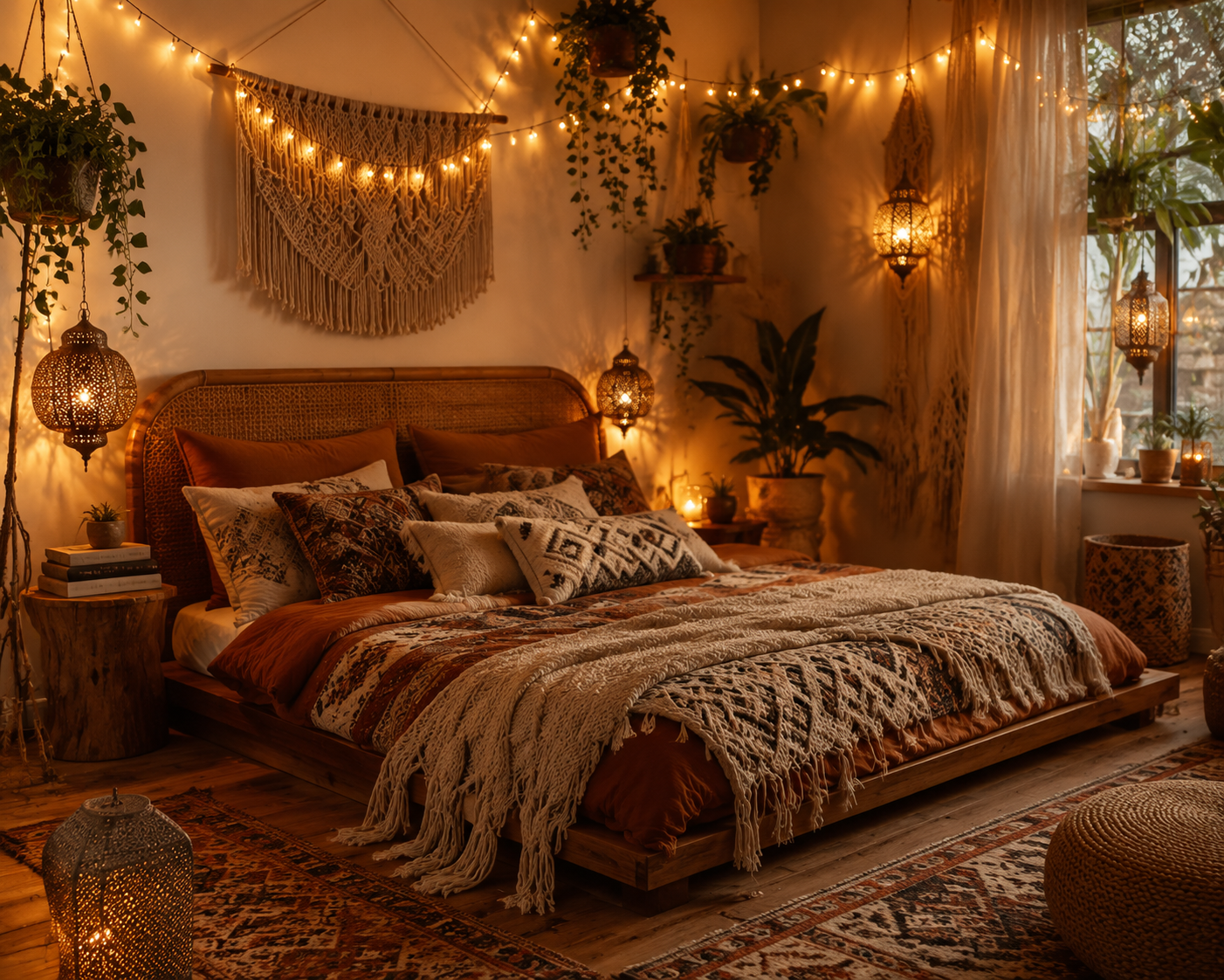 Cozy boho bedroom with layered textiles and warm lighting, AI interior design on Fanch AI