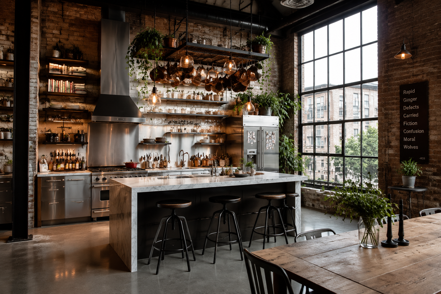 Industrial loft kitchen with exposed brick and natural light, AI interior design on Fanch AI