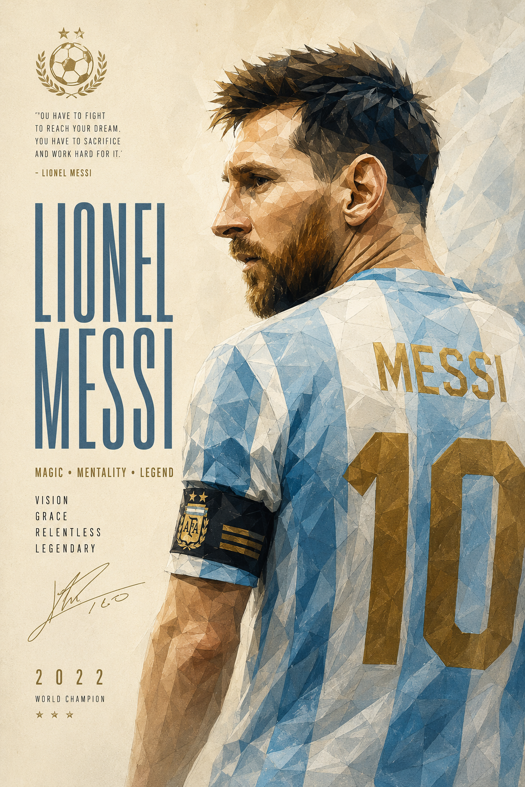 AI-generated Lionel Messi Argentina national team low poly digital painting, luxury editorial sports tribute poster for the FIFA World Cup