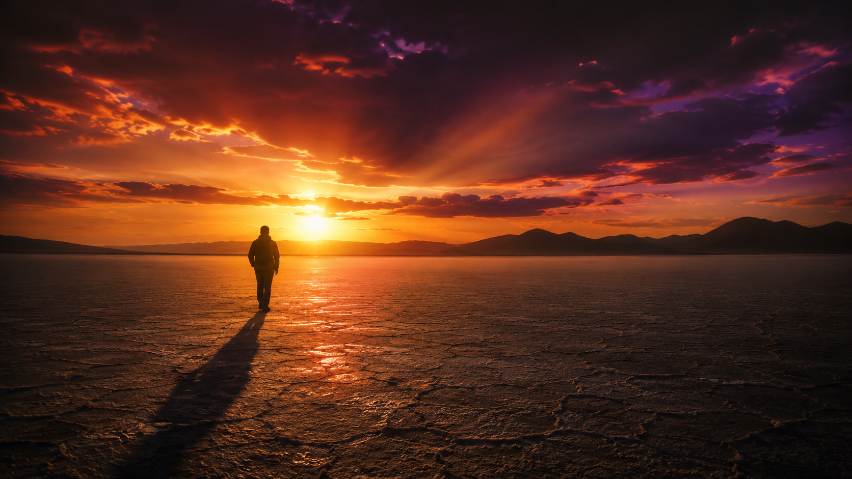 Wide-angle golden hour shot of a lone figure crossing a desert salt flat with dramatic volumetric light rays, cinematic warm amber sky, Midjourney Hollywood epic style