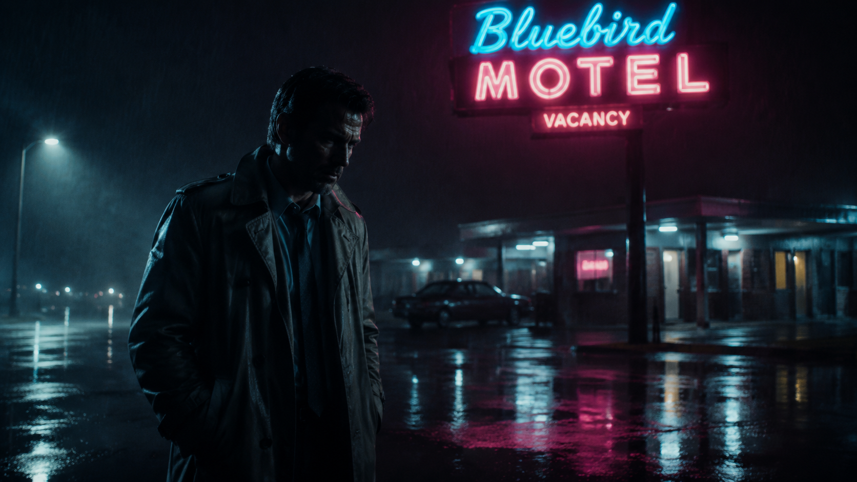 Neo-noir detective in a trench coat under a flickering neon motel sign at midnight, rain-soaked reflective pavement, neon blue and magenta lighting, Midjourney Hollywood film noir style