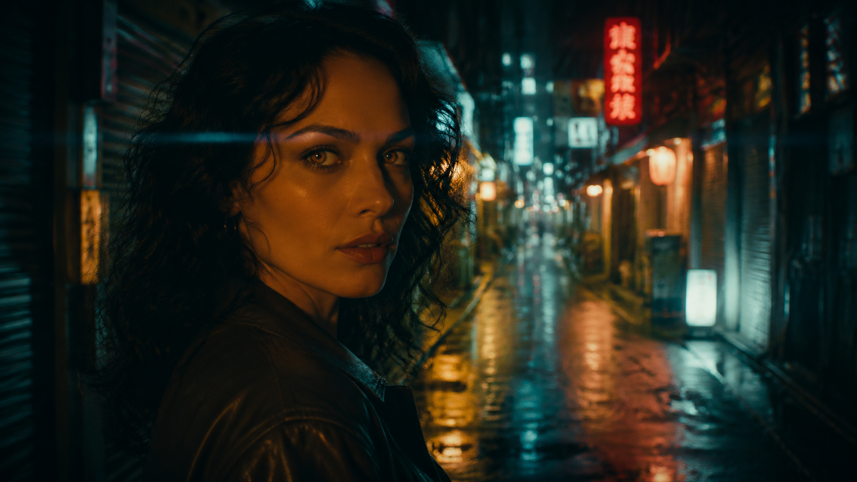 Neon-lit cinematic portrait of a woman in a leather jacket standing in a rain-slicked alley, anamorphic lens flare and teal-orange color grading, Midjourney Hollywood style AI art