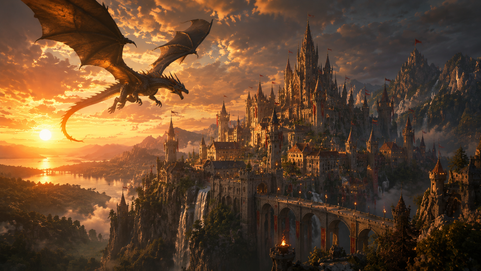 Epic fantasy castle scene with dragon at sunset, AI comparison prompt on Fanch AI