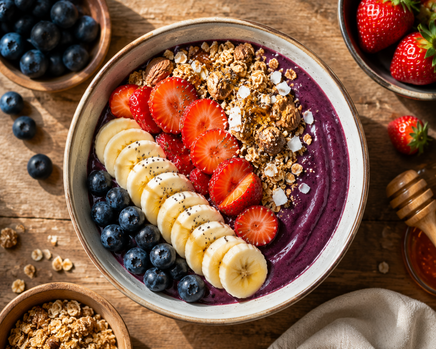 Colorful acai bowl food photography, AI comparison prompt on Fanch AI