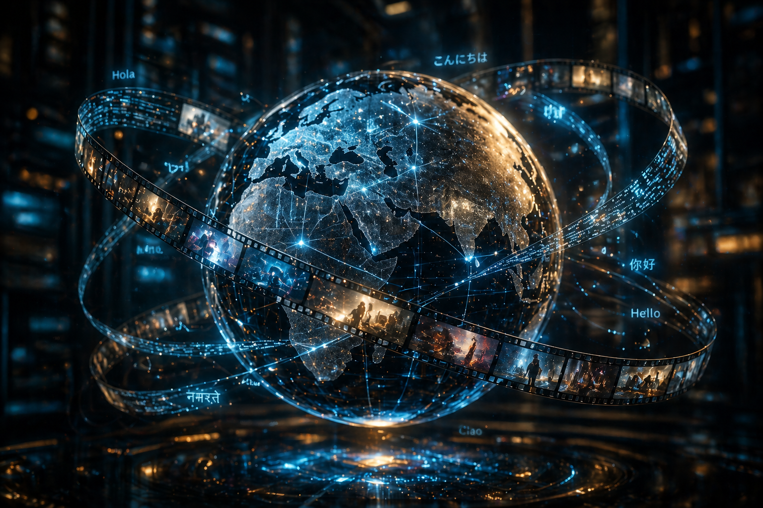 Glowing globe with digital film strips representing multilingual global AI creation workflows.