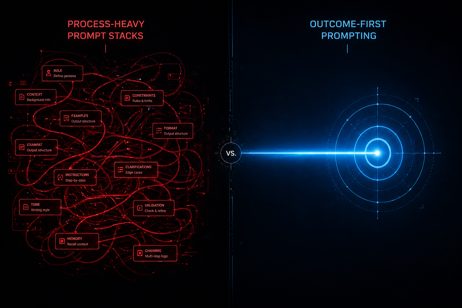 Abstract concept comparison: traditional complex prompt stacks vs efficient outcome-first prompting logic.