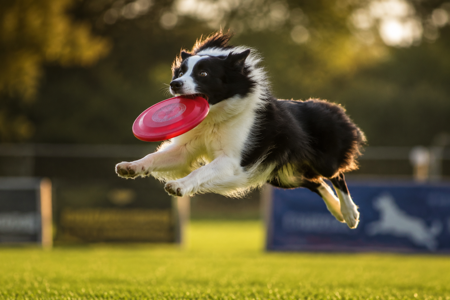 Action shot of a dog catching a frisbee mid-air, dynamic sports photography style AI pet portrait generated on Fanch AI
