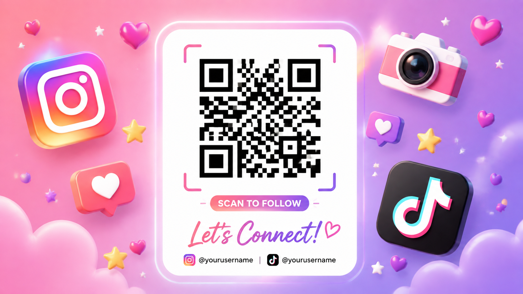 Playful social media QR code design with 3D icons and vibrant gradient, AI QR code on Fanch AI