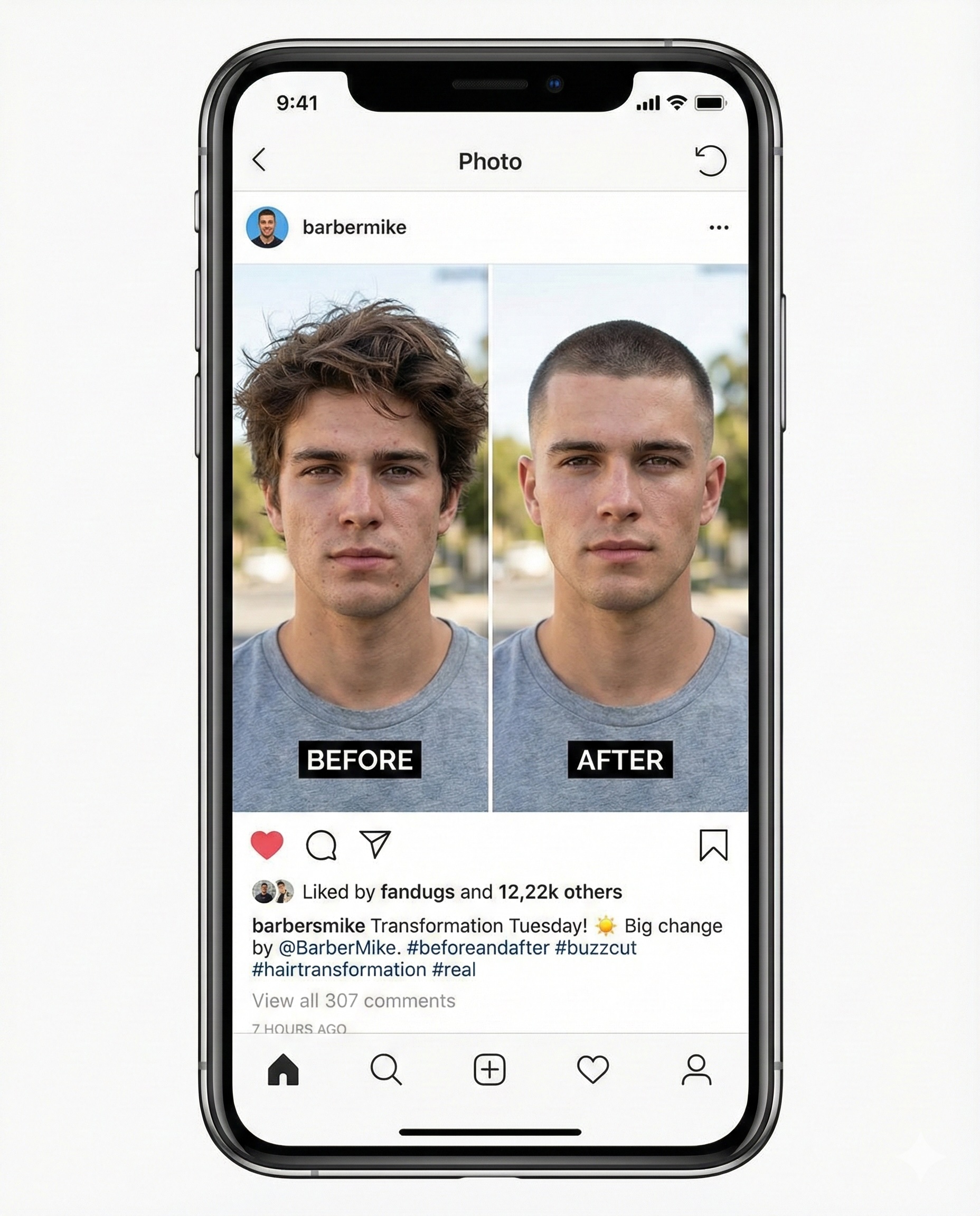 Realistic AI generated buzz cut filter comparison before and after