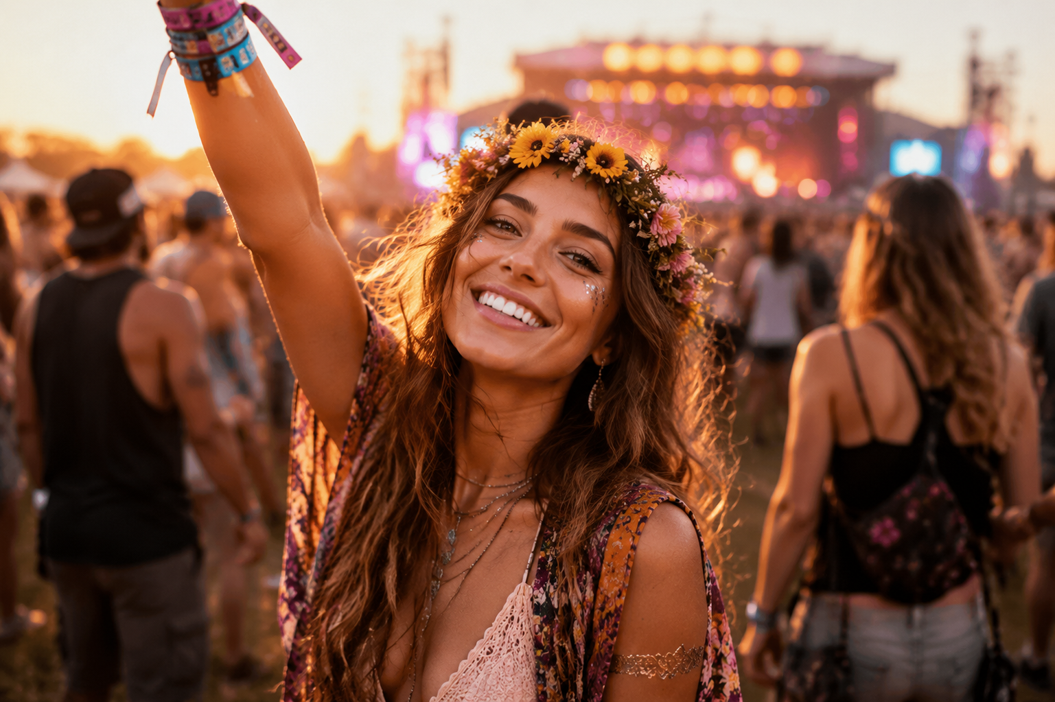 Festival sunset portrait with stage lights and flower crown, summer AI portrait on Fanch AI