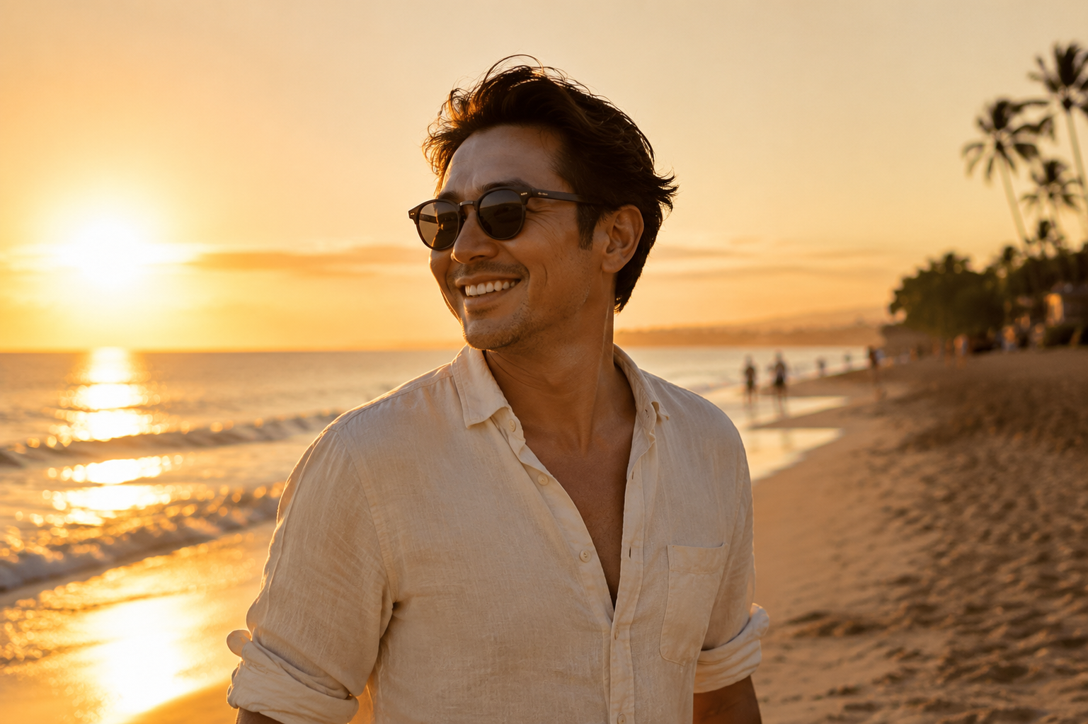 Beach sunset portrait of a man at golden hour, summer AI portrait generated on Fanch AI