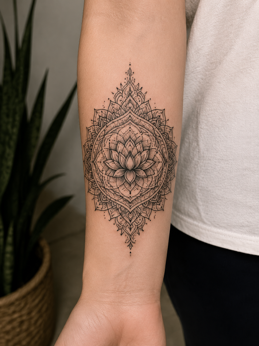 Geometric mandala tattoo with lotus center and dot work, AI tattoo design on Fanch AI