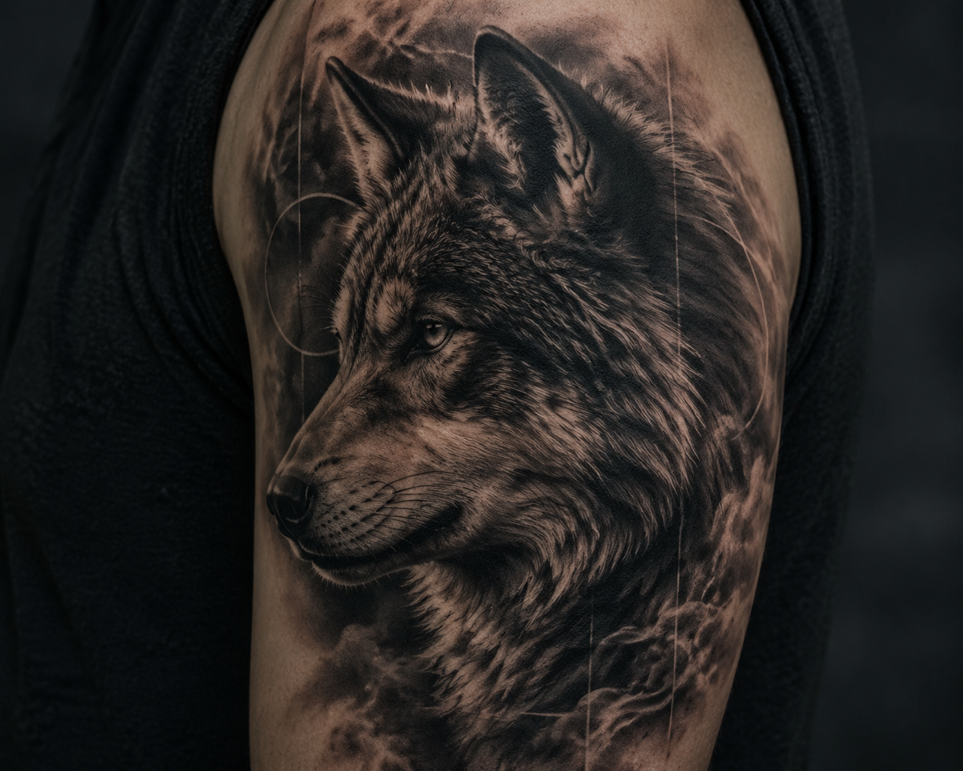 Realistic wolf head tattoo in black and grey, detailed fur and shading, AI tattoo design on Fanch AI