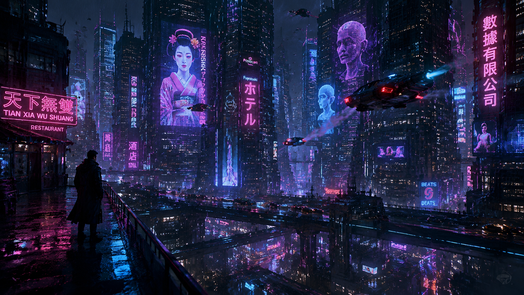 Cyberpunk neon city at night with flying vehicles, AI wallpaper on Fanch AI