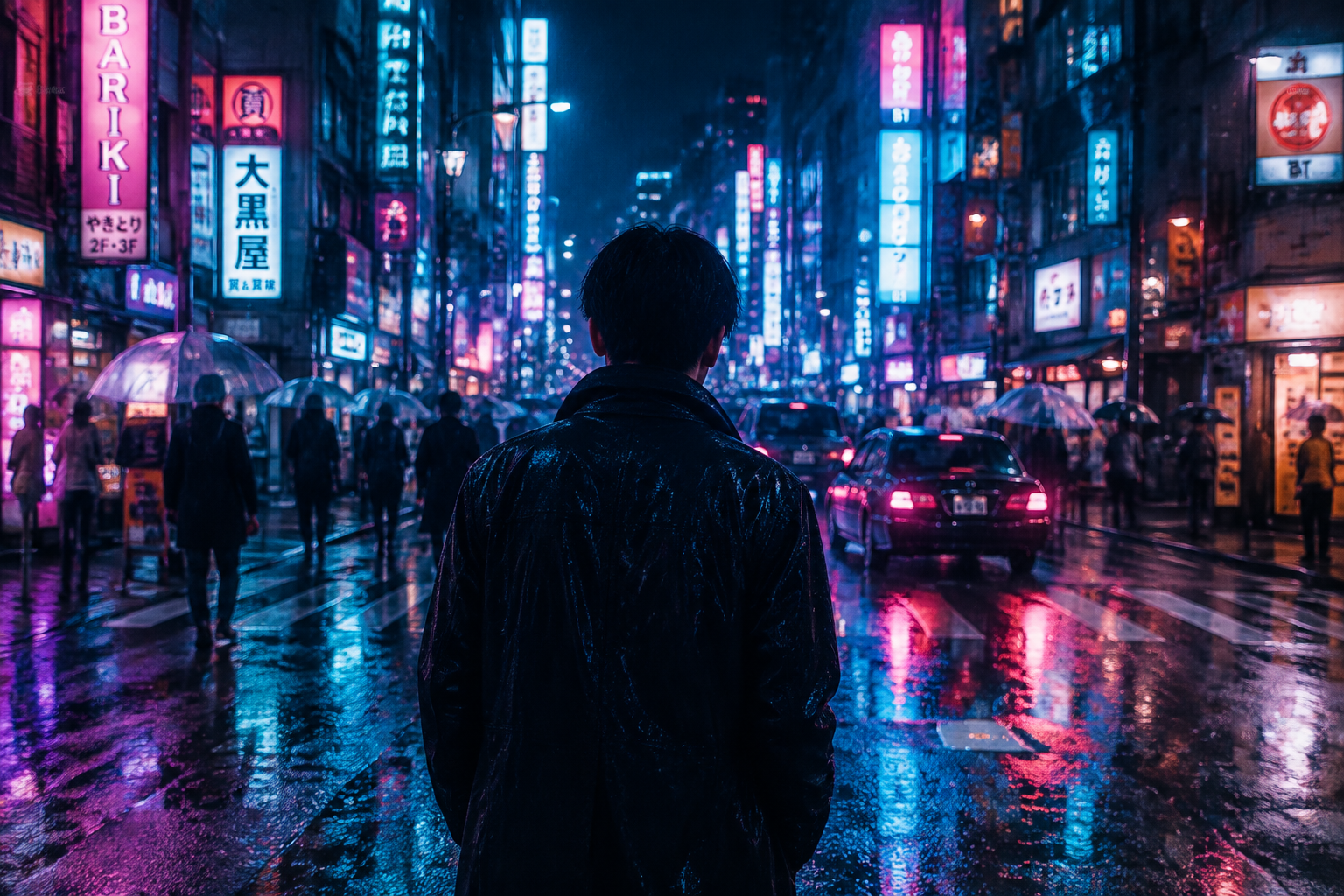 Rainy neon city street at night, AI video still inspired by Wan generation on Fanch AI
