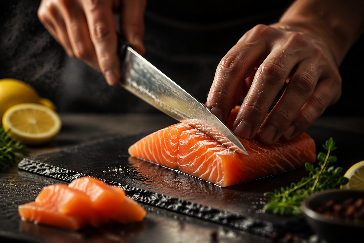 Close-up of chef slicing fresh salmon, AI video still from Wan generation on Fanch AI