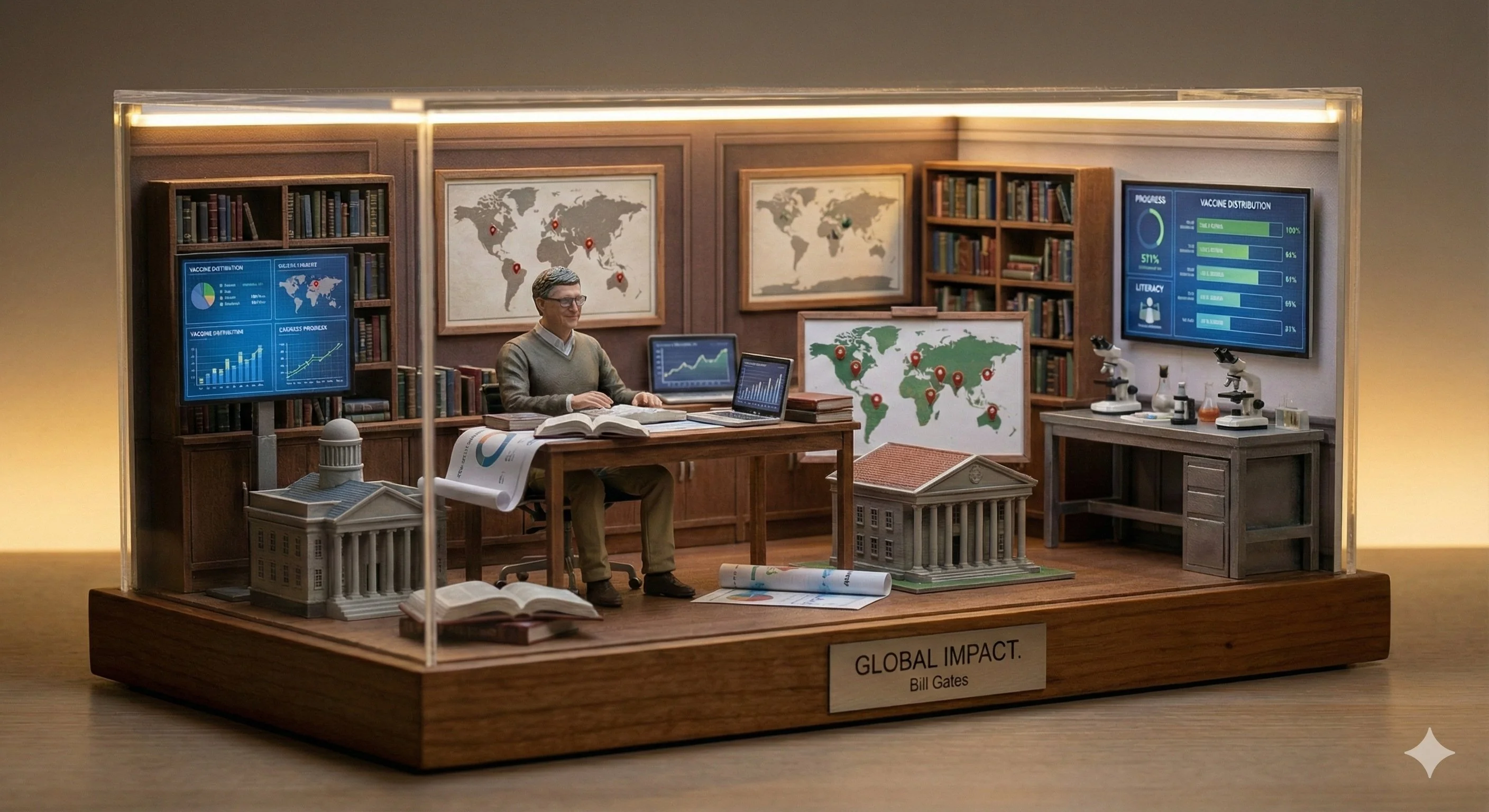 Miniature diorama of a business leader in a symbolic workspace with tiny desk, screens and city models
