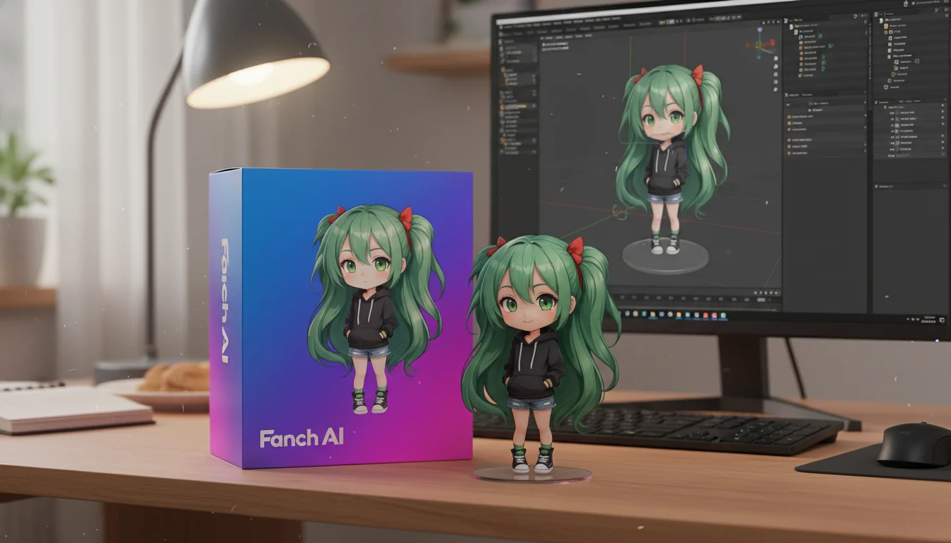 Character figure standing on a round plastic base with a printed character box behind it and a computer screen showing the Blender modeling process in an indoor scene