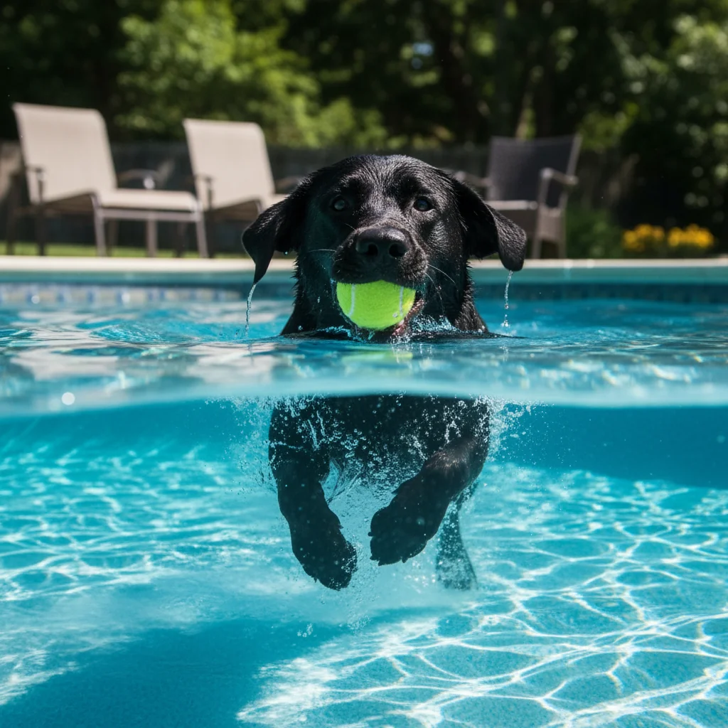 Black lab swimming in an inground suburban pool, captured at the water line showing the dog holding a tennis ball above water and its paws paddling underwater