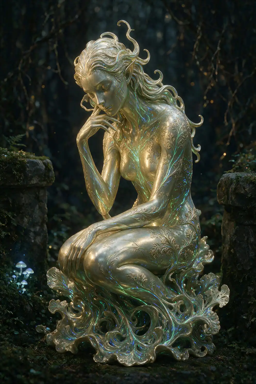 Iridescent elven forest spirit with glowing botanical filigree in a dark woodland