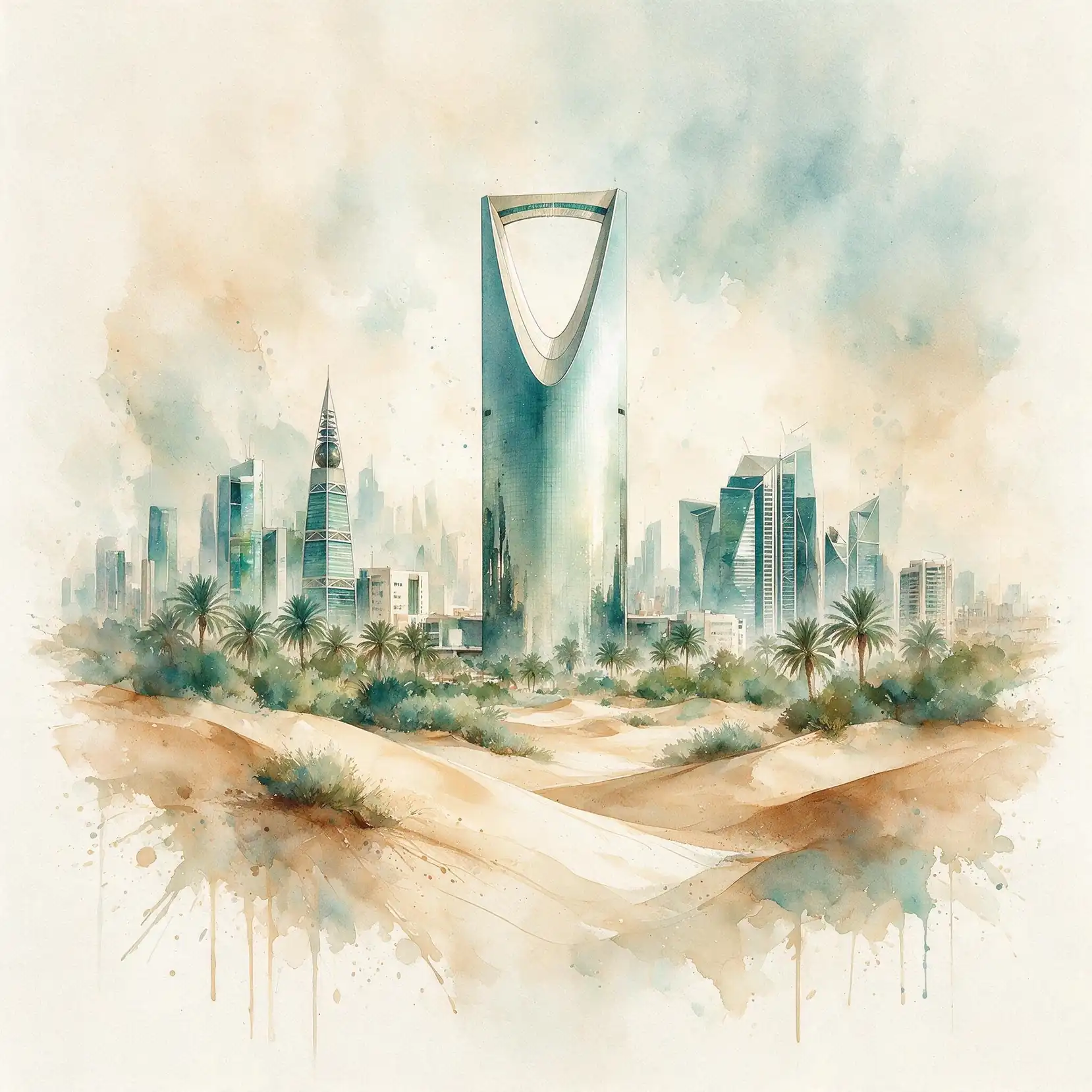 Watercolor illustration of the Riyadh skyline with Kingdom Centre above desert dunes and palms